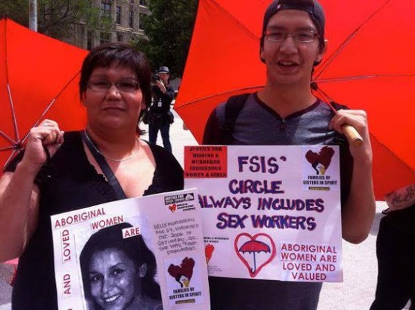 Colleen Cardinal of Families Of Sisters In Spirit with her son at the Supreme Court of Canada on the day Bedford v Canada was being heard. (Photo courtesy of Family of Sisters in Spirit)