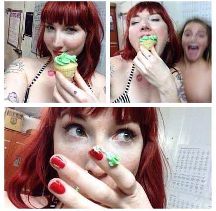 The author enjoying the fruits of her research (Selfies by Red of herself devouring cupcakes)