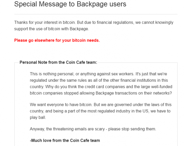 Coincafe's disingenuous "special message" to sex workers. All their love, indeed. (Screenshot from Coincafe) 