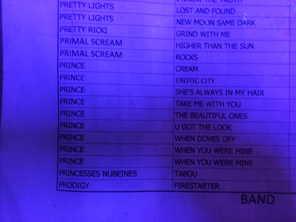 A list of the Prince songs in rotation at work. 